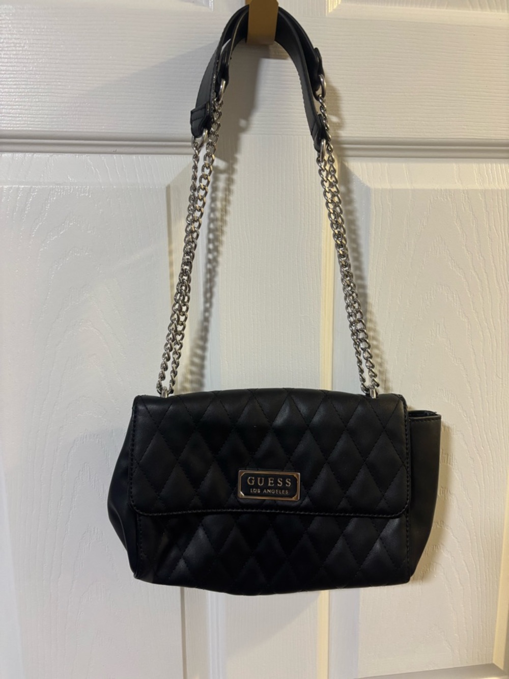GUESS Black Quilted Shoulder Bag with Silver Chain Straps